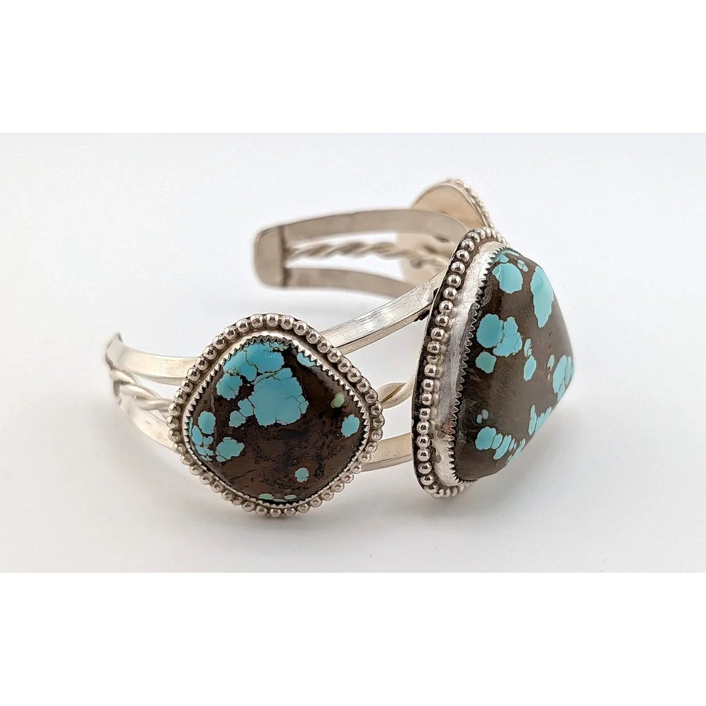 Natural Number 8 Turquoise Silver Cuff Bracelet Large 3 Stone Southwest Jewelry* - Picture 2 of 9